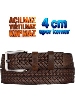 GoDeri %100 Hakiki Deri, 4 cm Kahverengi Örgü Desenli Açılmaz Kot Kemeri, Keten Kemeri 4cm-Apo