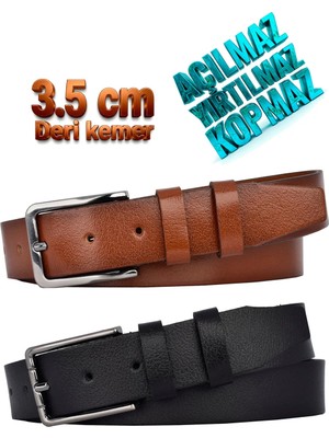 GoDeri %100 Hakiki Deri, 2li Set Tek Parça Manda Derisi Siyah, Taba 3.5 cm Kumaş Pantolon Kemeri