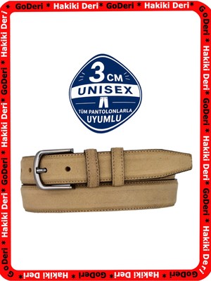 GoDeri %100 Hakiki Deri, Vizon Bej Süet 3cm Erkek Kemeri, 3cm Kadın Kemeri, Unisex Uyumlu, Haktoka