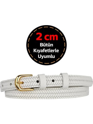 GoDeri %100 Hakiki Deri, Gold Renk Tokalı 2 cm Beyaz Örgü Desenli Kadın Kemeri; Elbise, Pantolon Kemeri Dk.