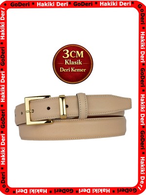 GoDeri Hakiki Deri, 3 cm Gold Renk Takım Tokalı, Koyu Krem, Dikişli Klasik Kadın Kemeri, 3CMKLA47