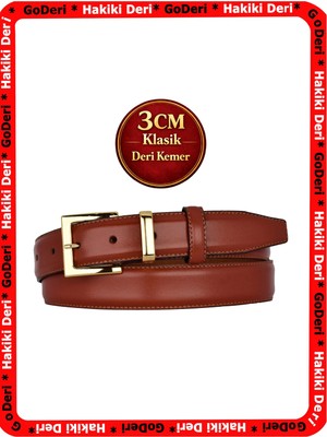GoDeri Hakiki Deri, 3 cm Gold Renk Takım Tokalı, Kızıl Taba, Dikişli Klasik Kadın Kemeri, 3CMKLA47