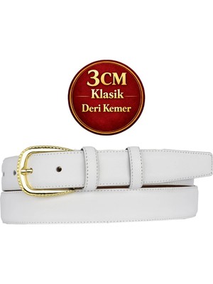 GoDeri Hakiki Deri, 3 cm Gold Renk Tokalı, Beyaz, Dikişli Klasik Kadın Kemeri, 3CMKLA31