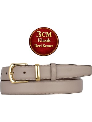 GoDeri Hakiki Deri, 3 cm Gold Renk Takım Tokalı, Beyaz, Dikişli Klasik Kadın Kemeri, 3CMKLA42
