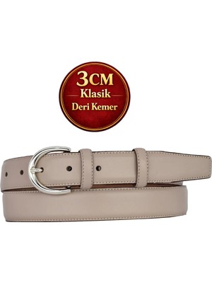 GoDeri Hakiki Deri, 3 cm Gümüş Renk Tokalı, Vizon, Dikişli Klasik Kadın Kemeri, 3CMKLA01