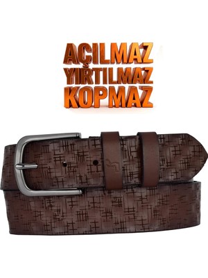 GoDeri %100 Hakiki Deri, 4.2 cm Koyu Kahverengi Desenli Açılmaz Kot Kemeri, Keten Kemeri 4cm-Apo