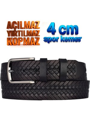 GoDeri %100 Hakiki Deri, 4 cm Siyah Örgü Desenli Açılmaz Kot Kemeri, Keten Kemeri 4cm-Apo