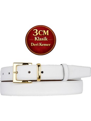GoDeri Hakiki Deri, 3 cm Gold Renk Takım Tokalı, Beyaz, Dikişli Klasik Kadın Kemeri, 3CMKLA47