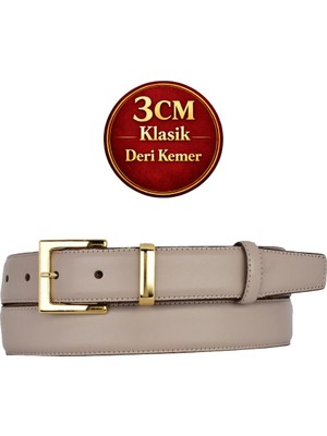 GoDeri Hakiki Deri, 3 cm Gold Renk Takım Tokalı, Vizon, Dikişli Klasik Kadın Kemeri, 3CMKLA47