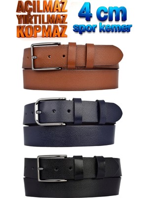 GoDeri %100 Hakiki Deri, 3lü Set 4 cm Tek Kat, Açılmaz, Yırtılmaz, Siyah, Taba, Lacivert Kot Kemeri, 4cmd
