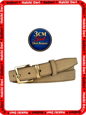 GoDeri Hakiki Deri, 3 cm Gold Renk Takım Tokalı, Vizon Bej Süet, Dikişli Klasik Kadın Kemeri, 3CMKLA47