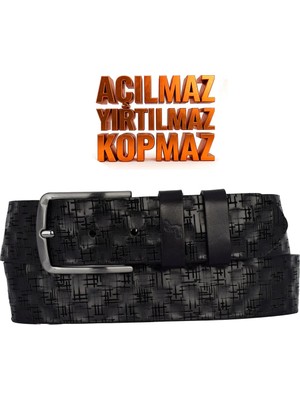 GoDeri %100 Hakiki Deri, 4.2 cm Siyah Desenli Açılmaz Kot Kemeri, Keten Kemeri 4cm-Apo