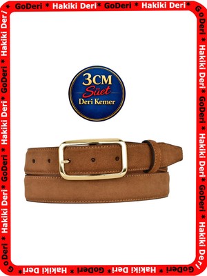 GoDeri Hakiki Deri, 3 cm Gold Renk Dikdörtgen Tokalı, Koyu Tarçın Süet, Dikişli Klasik Kadın Kemeri, 3CMKLA50