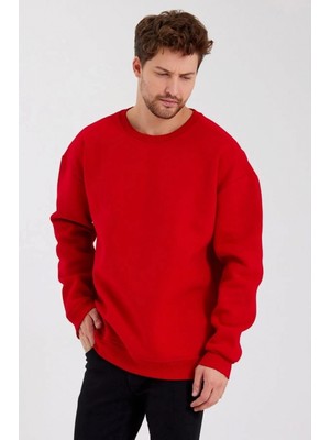 Pileli Store Düz Renk Bisiklet Yaka Sweat - Kırmızı