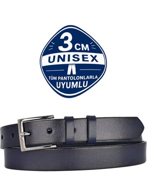 GoDeri %100 Hakiki Deri Lacivert 3cm Ince Erkek Kemeri, 3cm Kadın Kemeri, Unisex Uyumlu