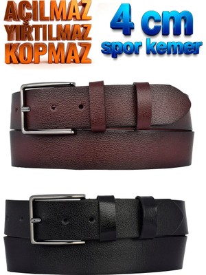 GoDeri %100 Hakiki Deri, 2li Set 4 cm Tek Kat, Açılmaz, Yırtılmaz, Siyah, Bordo Kot Kemeri, 4cm-Düz