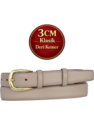 GoDeri Hakiki Deri, 3 cm Gold Renk Tokalı, Vizon, Dikişli Klasik Kadın Kemeri, 3CMKLA31