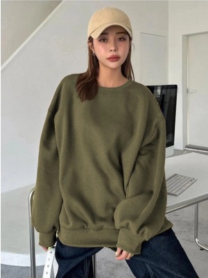 Pileli Store Kadın Düz Bisiklet Yaka 3 Iplik  Sweatshirt - Yeşil