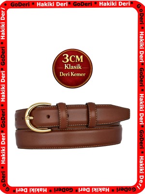 GoDeri Hakiki Deri, 3 cm Gold Renk Tokalı, Çikolata Kahverengi, Dikişli Klasik Kadın Kemeri, 3CMKLA02
