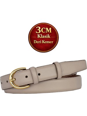 GoDeri Hakiki Deri, 3 cm Gold Renk Tokalı, Vizon, Dikişli Klasik Kadın Kemeri, 3CMKLA02