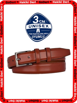 GoDeri %100 Hakiki Deri, Kızıl Taba 3cm Erkek Kemeri, 3cm Kadın Kemeri, Unisex Uyumlu, Düztoka