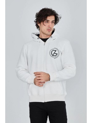 Pileli Store Erkek 3 Iplik Pamuklu Fermuarlı Kapüşonlu Kanguru Cepli Baskılı Hoodie - Beyaz