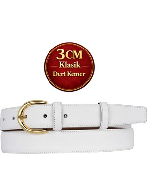 GoDeri Hakiki Deri, 3 cm Gold Renk Tokalı, Beyaz, Dikişli Klasik Kadın Kemeri, 3CMKLA02