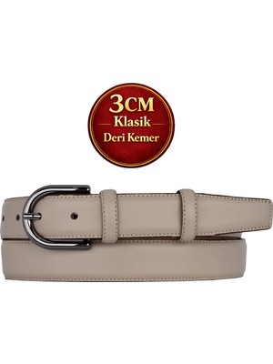 GoDeri Hakiki Deri, 3 cm Siyah Nikel Renk Tokalı, Vizon, Dikişli Klasik Kadın Kemeri, 3CMKLA21