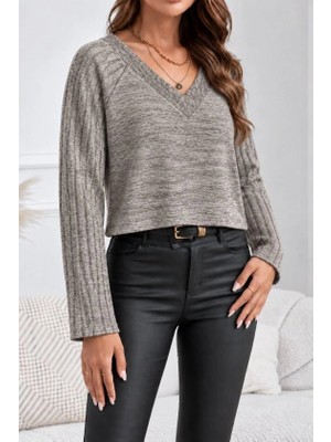 Defy Moda Kadın V Yaka Uzun Kollu Bluz