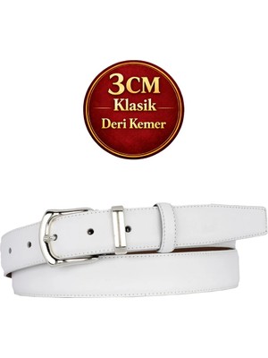 GoDeri Hakiki Deri, 3 cm Gümüş Renk Takım Tokalı, Beyaz, Dikişli Klasik Kadın Kemeri, 3CMKLA41