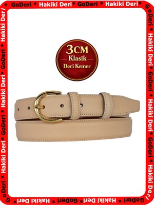 GoDeri Hakiki Deri, 3 cm Gold Renk Tokalı, Koyu Krem, Dikişli Klasik Kadın Kemeri, 3CMKLA02