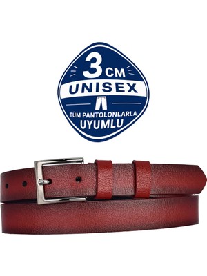 GoDeri %100 Hakiki Deri Kırmızı 3cm Ince Erkek Kemeri, 3cm Kadın Kemeri, Unisex Uyumlu