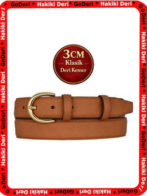 GoDeri Hakiki Deri, 3 cm Gold Renk Tokalı, Nubuk Taba, Dikişli Klasik Kadın Kemeri, 3CMKLA02