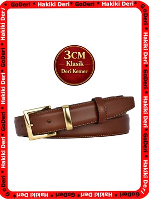GoDeri Hakiki Deri, 3 cm Gold Renk Takım Tokalı, Çikolata Kahverengi, Dikişli Klasik Kadın Kemeri, 3CMKLA47
