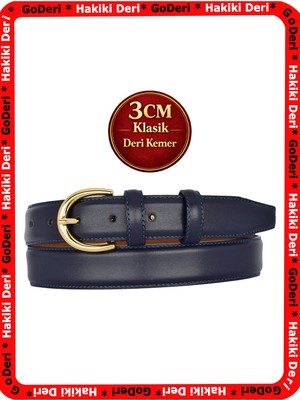 GoDeri Hakiki Deri, 3 cm Gold Renk Tokalı, Lacivert, Dikişli Klasik Kadın Kemeri, 3CMKLA02