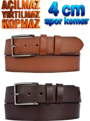 GoDeri %100 Hakiki Deri, 2li Set 4 cm Tek Kat, Açılmaz, Yırtılmaz, Taba, Kahverengi Kot Kemeri, 4cm-Düz