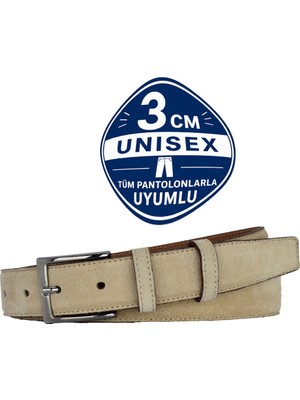 GoDeri %100 Hakiki Deri Krem Süet 3cm Ince Erkek Kemeri, 3cm Kadın Kemeri, Unisex Uyumlu