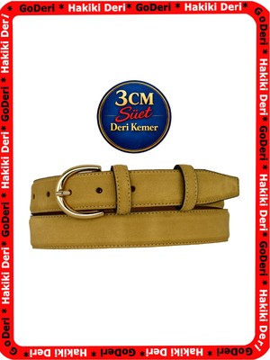 GoDeri Hakiki Deri, 3 cm Gold Renk Tokalı, Hardal Süet, Dikişli Klasik Kadın Kemeri, 3CMKLA02