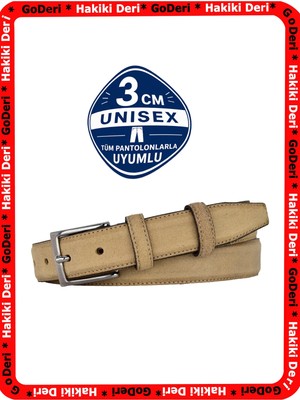 GoDeri %100 Hakiki Deri, Vizon Bej Süet 3cm Erkek Kemeri, 3cm Kadın Kemeri, Unisex Uyumlu, Düztoka