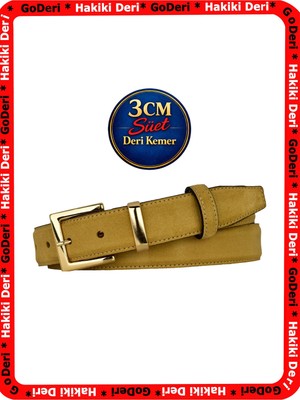 GoDeri Hakiki Deri, 3 cm Gold Renk Takım Tokalı, Hardal Süet, Dikişli Klasik Kadın Kemeri, 3CMKLA47