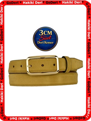 GoDeri Hakiki Deri, 3 cm Gold Renk Dikdörtgen Tokalı, Hardal Süet, Dikişli Klasik Kadın Kemeri, 3CMKLA50