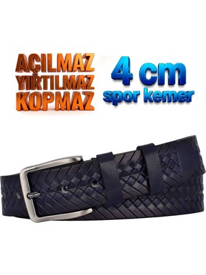 GoDeri %100 Hakiki Deri, 4 cm Lacivert Örgü Desenli Açılmaz Kot Kemeri, Keten Kemeri 4cm-Apo