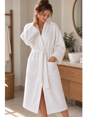 Marlith Home Unisex Waffle Bornoz Kadın Erkek Kuşaklı Yumuşak Dokulu Banyo Sabahlığı