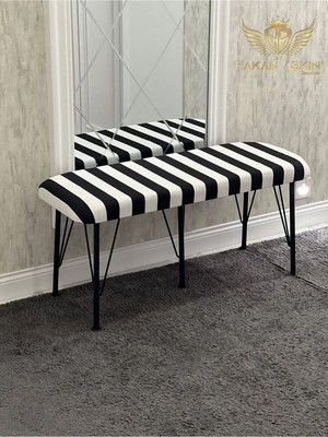 Zebra Siyah Beyaz Puf Bench Siyah Metal Ayaklı