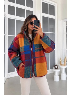 Fiori Patchwork Fermuarlı Peluş Polar Ceket