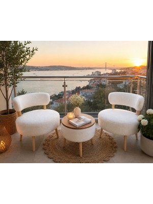 Adanur Design Çay Seti Ikili Koltuk Berjer ve Puf Takımı 3 Takım Krem-Beyaz(Balkon,salon,ofis ve Bahçe Takımı