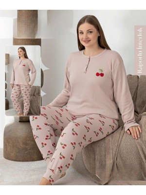 Lindros Kadın Düğme Yaka Raporlu Interlok Kışlık Battal Pijama Takımı 0268 - 1 Adet