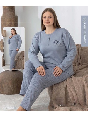 Lindros Kadın Düğme Yaka Raporlu Interlok Kışlık Battal Pijama Takımı 0385 - 1 Adet