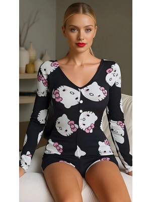 Pileli Store Kitty Dream Pamuklu Siyah Kedicik Desenli Düğmeli Uzun Kol Tulum Pijama