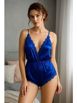Ang Butik Kadın Mavi Saten Dantelli Şortlu Gecelik